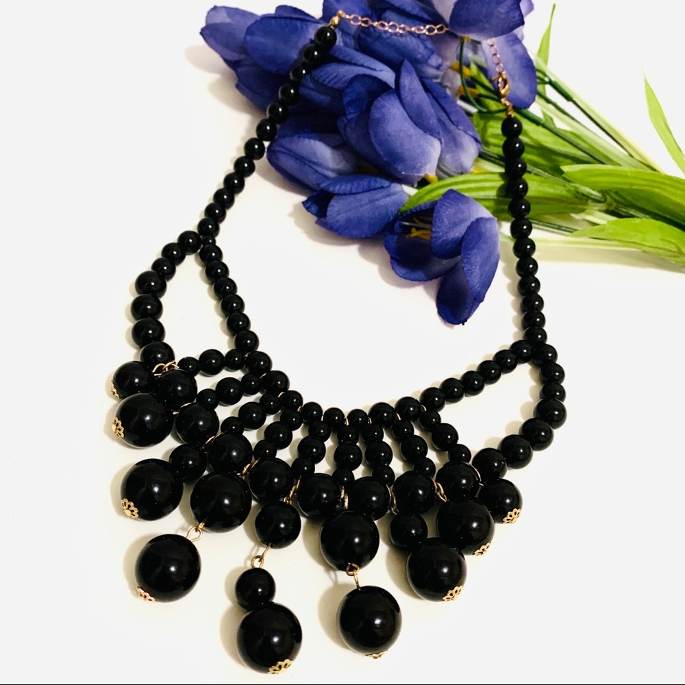 Vintage Black Beaded Statement Necklace with Gold Accents
